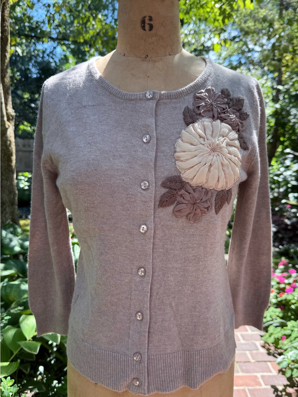 Tabitha Taupe Cardigan with Floral Appliqué